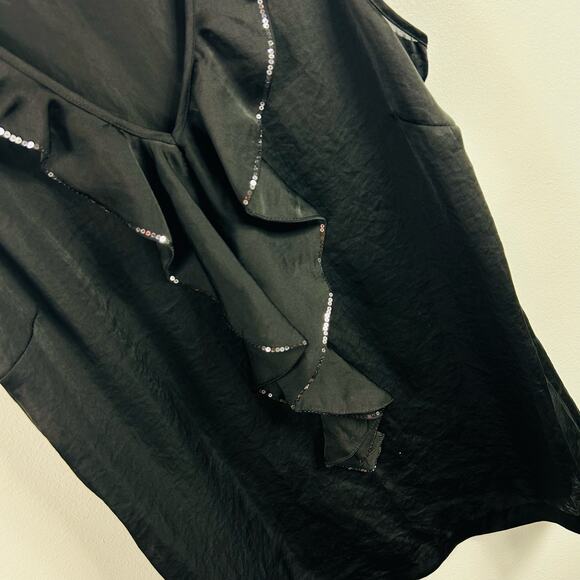 NEW Michael Kors Black Satin Ruffle Sequin Sleeveless Blouse Size 10 - Picture 3 of 9